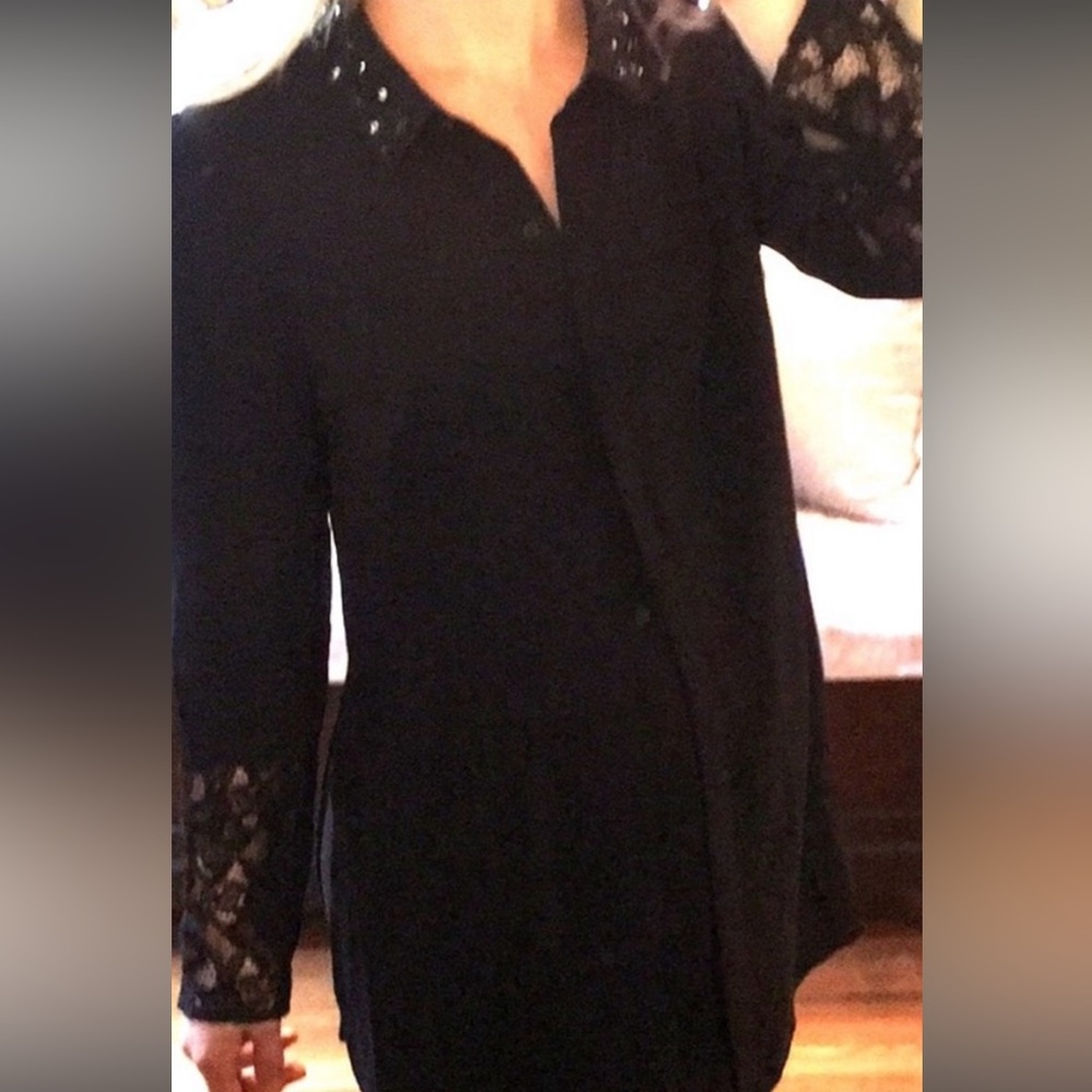 Elle Button Down Black Lace and Sheer Blouse M